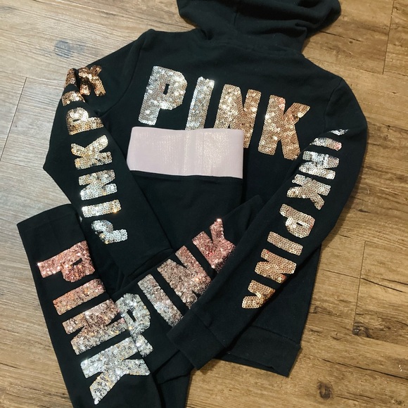 VS PINK OMBRÉ BLING HOODIE / BLING YOGA PANTS OUTFIT SET S - Picture 2 of 11